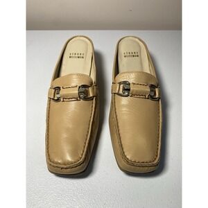 Stuart Weitzman Heeled Mules Womens‎ 7.5M Tan Leather Square Toe Buckle Slip On